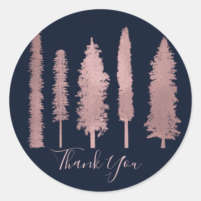 Pegatina Redonda Rosa Dorado Oscuro Bosque Maderero Árboles Rústico (Anverso)