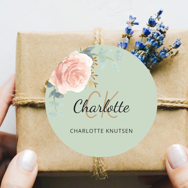 Pegatina Redonda Rosa dorado rosa salvia floral verde gracias (Subido por el creador)