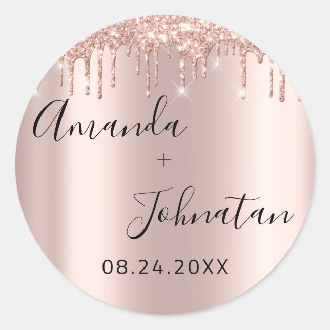 Pegatina Redonda Rosa Dorado Simplemente Nombre Fecha Goteo Negro (Anverso)