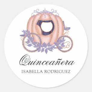 Pegatina Redonda Rosa Dorado y Lila Brillo Princesa Quinceañera