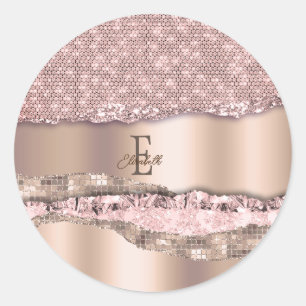 Pegatina Redonda Rosa Dourado Tendência Diamantes Brillo Monograma