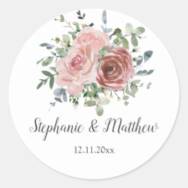 Pegatina Redonda Rosa Dusty Eucalyptus Boda Floral Botánica