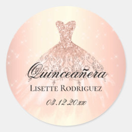 Pegatina Redonda Rosa elegante Personalizado de oro Quinceanera