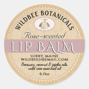 Pegatina Redonda Rosa en Kraft Beeswax Lip Balm con borde punteado