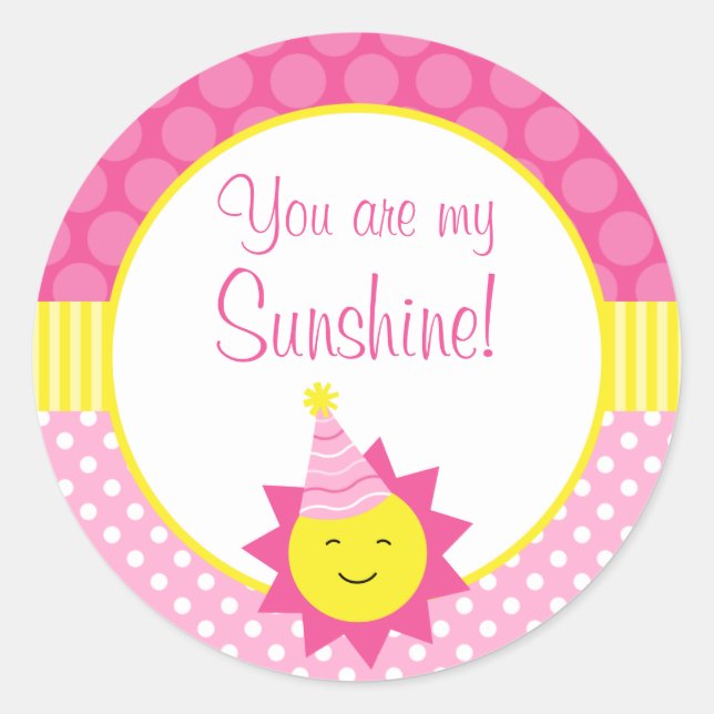 Pegatina Redonda Rosa Eres Mi Sunshine Polka Dot Primer Cumpleaños (Anverso)