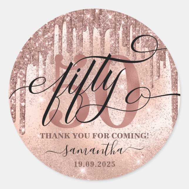 Pegatina Redonda Rosa Faux Purpurina y Relieve metalizado 50 cumple (Anverso)