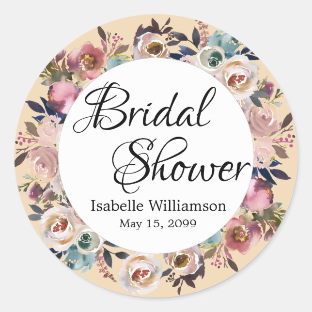 Pegatina Redonda Rosa Floral Bridal Shower (Anverso)