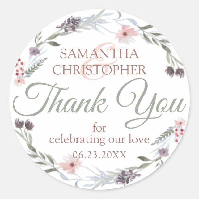 Pegatina Redonda Rosa floral Gold Green Script Boda Gracias (Anverso)