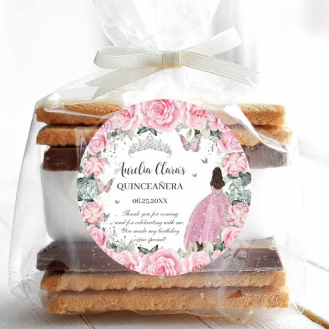 Pegatina Redonda Rosa Floral Princesa Plateada Quinceañera XV (Subido por el creador)