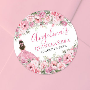 Pegatina Redonda Rosa Floral Quinceañera