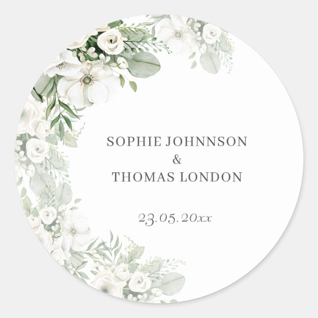 Pegatina Redonda Rosa floral verde turbio boda acuarela (Anverso)