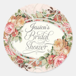 Pegatina Redonda Rosa Floral Vintage Elegante Ducha Bridal Rubor
