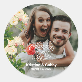 Pegatina Redonda Rosa floral Vintage Gracias Calligraphy Classic 