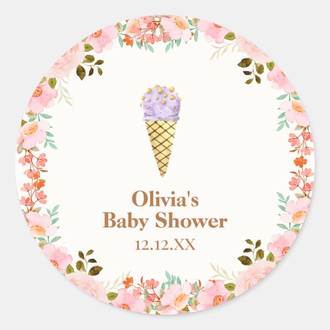Pegatina Redonda Rosa Flower Garden Scoop Ice Cream Baby Shower (Anverso)