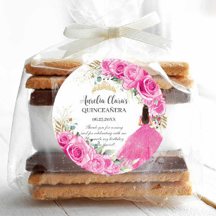 Pegatina Redonda Rosa Fucsia Floral Princesa Quinceañera Oro XV
