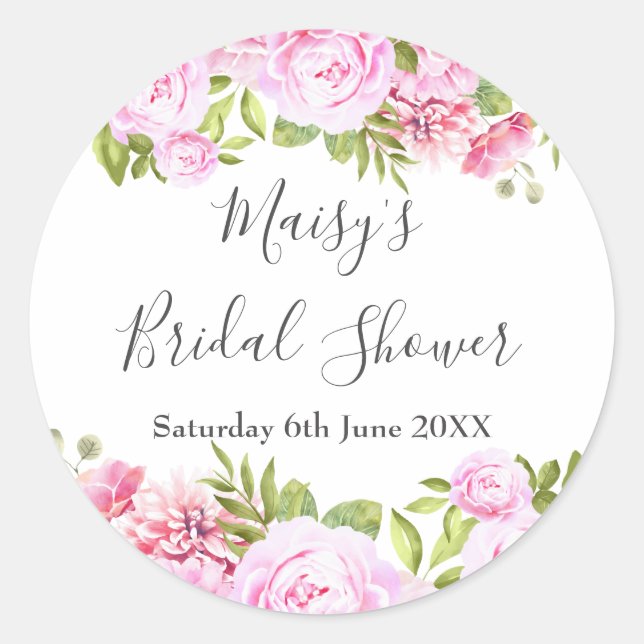 Pegatina Redonda Rosa Garden Bridal Shower (Anverso)