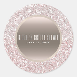 Pegatina Redonda Rosa Glitter Dorado Glam Elegante Favor de Boda