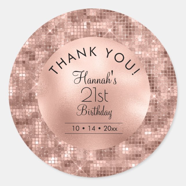 Pegatina Redonda Rosa Gold 21st Birthday Personalize Gracias (Anverso)