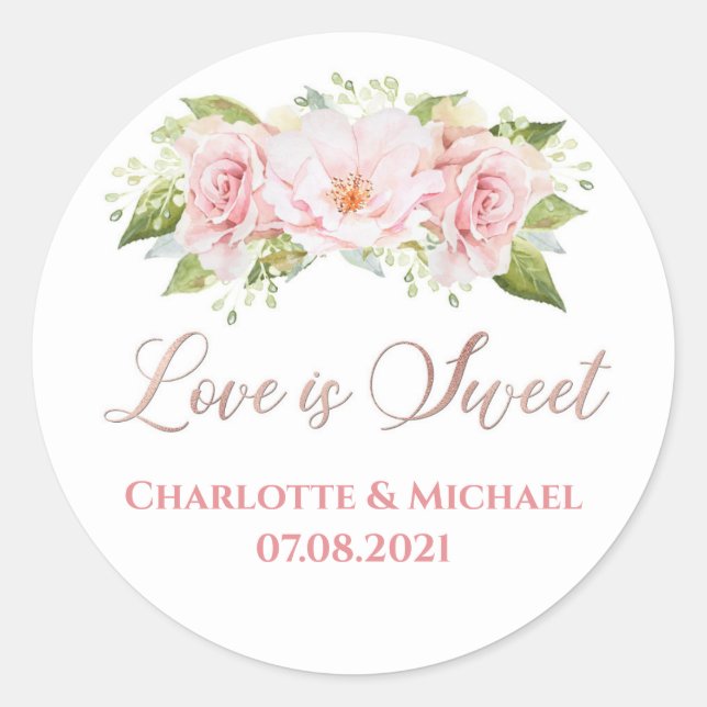 Pegatina Redonda Rosa Gold acuarela Flores Amor es dulce Boda (Anverso)