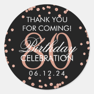 Pegatina Redonda Rosa Gold Black 80th Birthday Gracias Purpurina