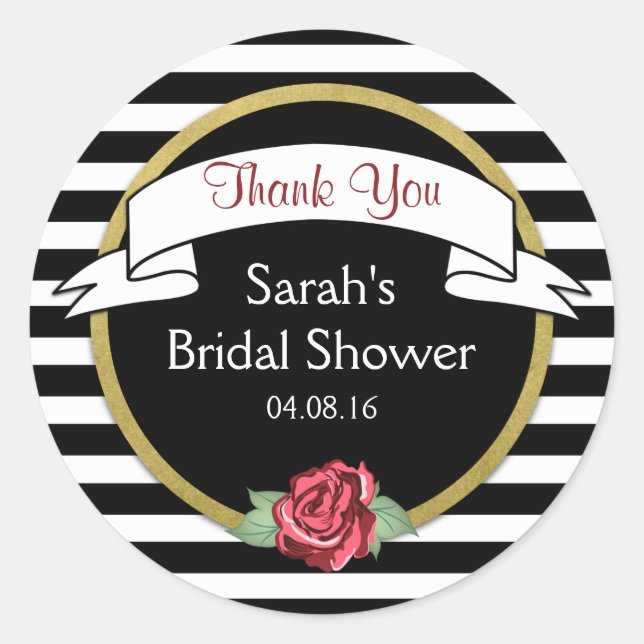 Pegatina Redonda Rosa Gold Black Stripes Bridal Shower (Anverso)