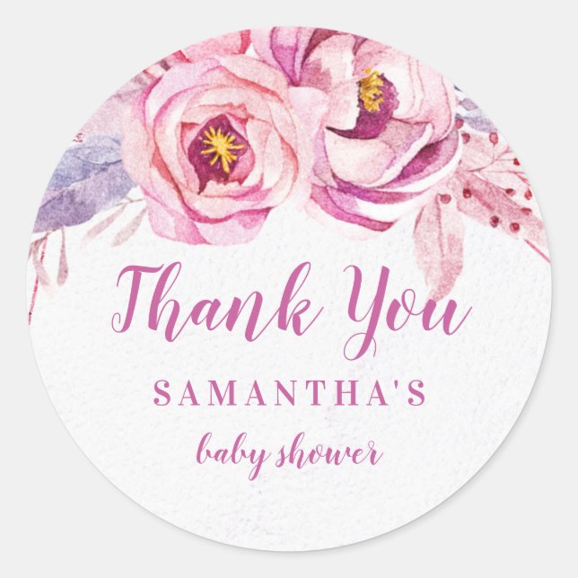 Pegatina Redonda Rosa Gold Floral Pink Purple Baby Girl Baby Shower (Anverso)