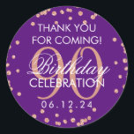 Pegatina Redonda Rosa Gold Purple 90th Birthday Gracias Purpurina<br><div class="desc">Elegante 90º cumpleaños "Gracias" Rosa de Faux de Oro Purpurina Confetti Purple plantilla de la etiqueta de favores.</div>