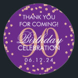 Pegatina Redonda Rosa Gold Purple 90th Birthday Gracias Purpurina<br><div class="desc">Elegante 90º cumpleaños "Gracias" Rosa de Faux de Oro Purpurina Confetti Purple plantilla de la etiqueta de favores.</div>