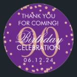 Pegatina Redonda Rosa Gold Purple 90th Birthday Gracias Purpurina<br><div class="desc">Elegante 90º cumpleaños "Gracias" Rosa de Faux de Oro Purpurina Confetti Purple plantilla de la etiqueta de favores.</div>