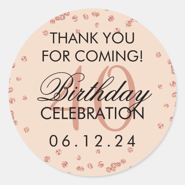 Pegatina Redonda Rosa Gold Rubor 40th Birthday Gracias Confetti (Anverso)
