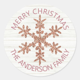 Pegatina Redonda Rosa Gold Snowflake Faux Purpurina Moderno y elega
