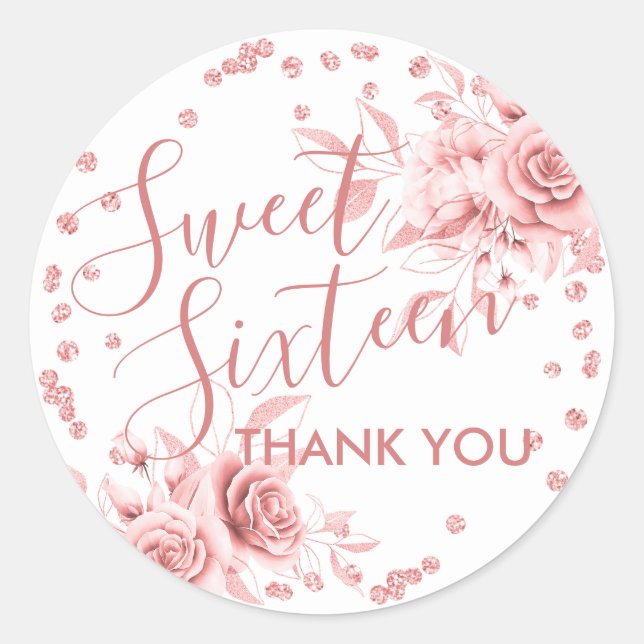 Pegatina Redonda Rosa Gold Sweet 16 Gracias Purpurina Floral (Anverso)