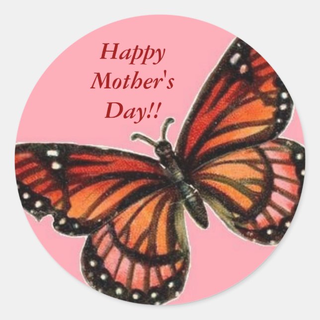 Pegatina Redonda rosa mariposa, ¡¡Feliz Día de la Madre!! (Anverso)