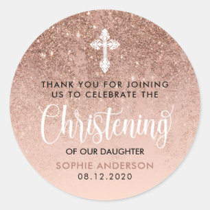 Pegatina Redonda Rosa moderno Christening Gracias