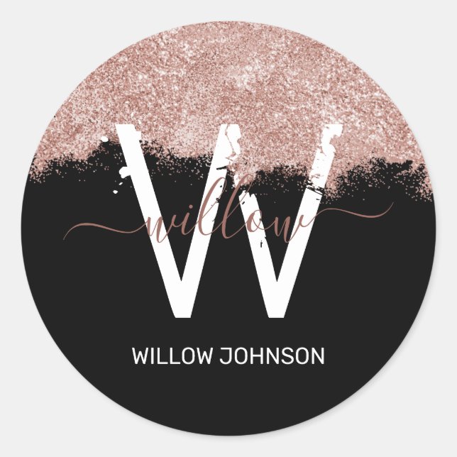 Pegatina Redonda Rosa Monograma de polvo Purpurina negro rosado (Anverso)