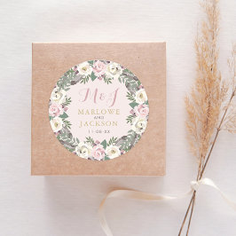 Pegatina Redonda Rosa Moody Floral Boho Boda Monograma