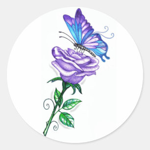 Pegatina Redonda Rosa morado con mariposa