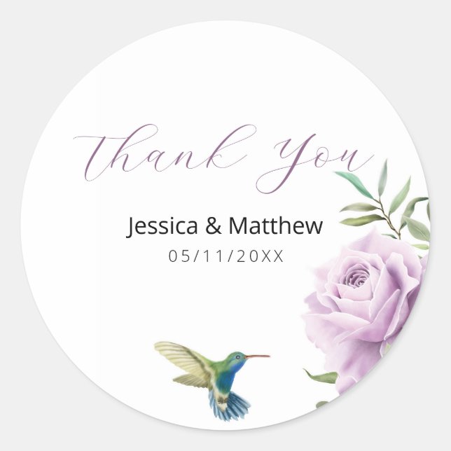 Pegatina Redonda Rosa morado y colibrí (Anverso)