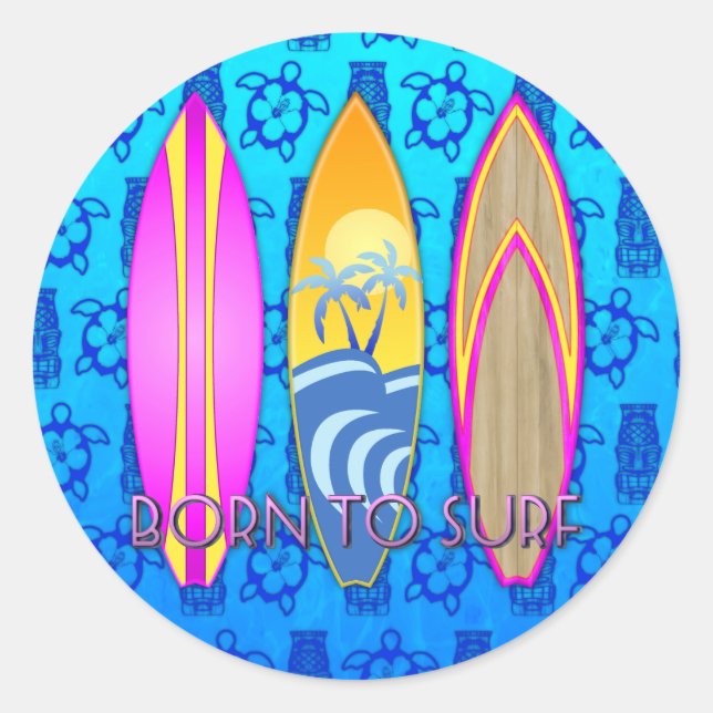 Pegatina Redonda Rosa Nacido En Surf (Anverso)