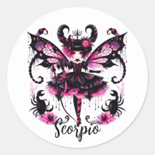 Pegatina Redonda Rosa Negro Gótico Hada Escorpio Astrología Zodiaco