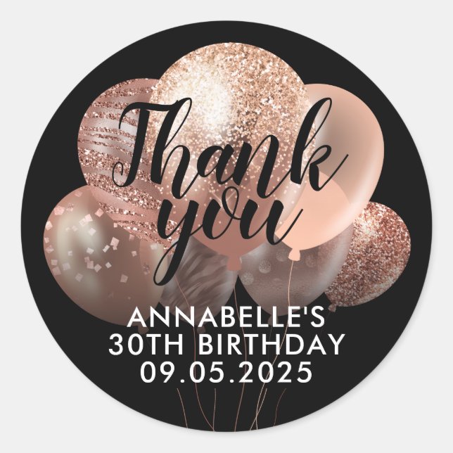 Pegatina Redonda Rosa Negro Purpurina Oro Balón Gracias Cumpleaños (Anverso)
