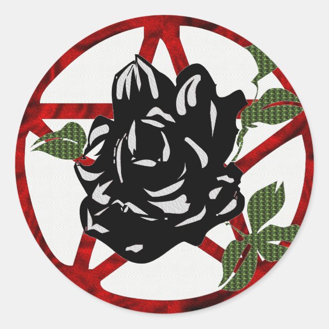 Pegatina Redonda Rosa negro y pentagrama (Anverso)