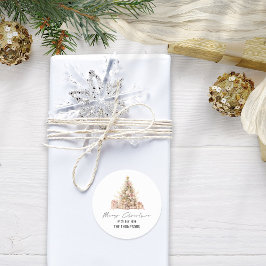 Pegatina Redonda Rosa Nombre Árbol de Oro Feliz Navidad