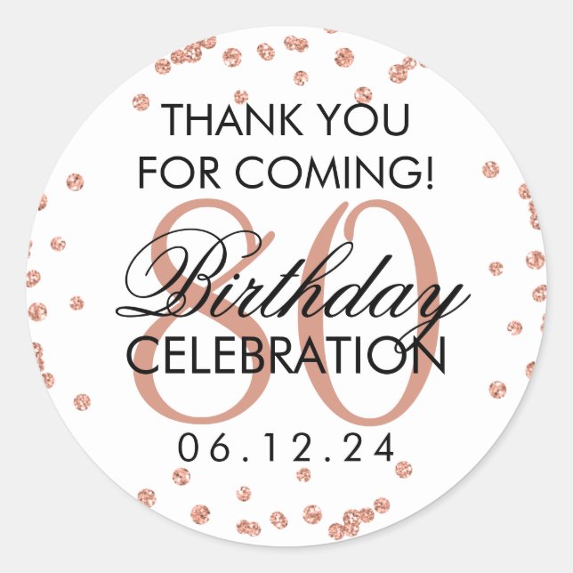 Pegatina Redonda Rosa Oro Blanco 80 cumpleaños Gracias Purpurina (Anverso)