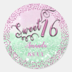 Pegatina Redonda Rosa Oro Dulce 16ª Purpurina Redonda de Mint Spark