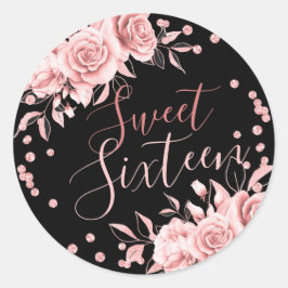 Pegatina Redonda Rosa Oro Dulce Negro 16 Purpurina de cumpleaños Fl