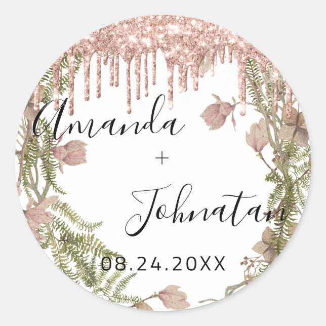 Pegatina Redonda Rosa Oro Nombre Sencillo Fecha Flores Blancas con  (Anverso)