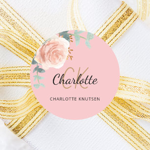 Pegatina Redonda Rosa oro rosa floral eucalipto gracias