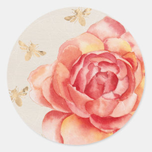 Pegatina Redonda Rosa pintada a mano con abejas doradas sobre blanc