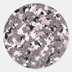 Pegatina Redonda Rosa Plateado y Negro Belleza Derrame Brillo Glam